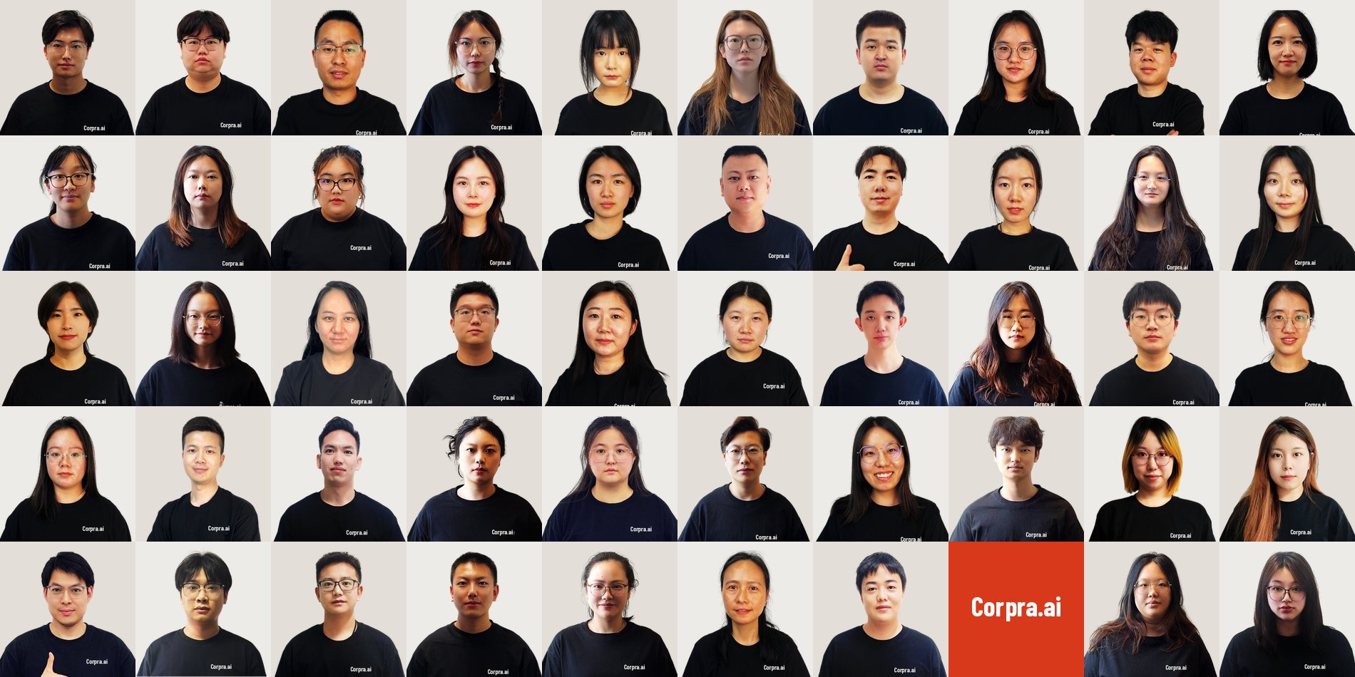 Portraits of Corpra project managers and QA reviewers in Corpra.ai team shirts